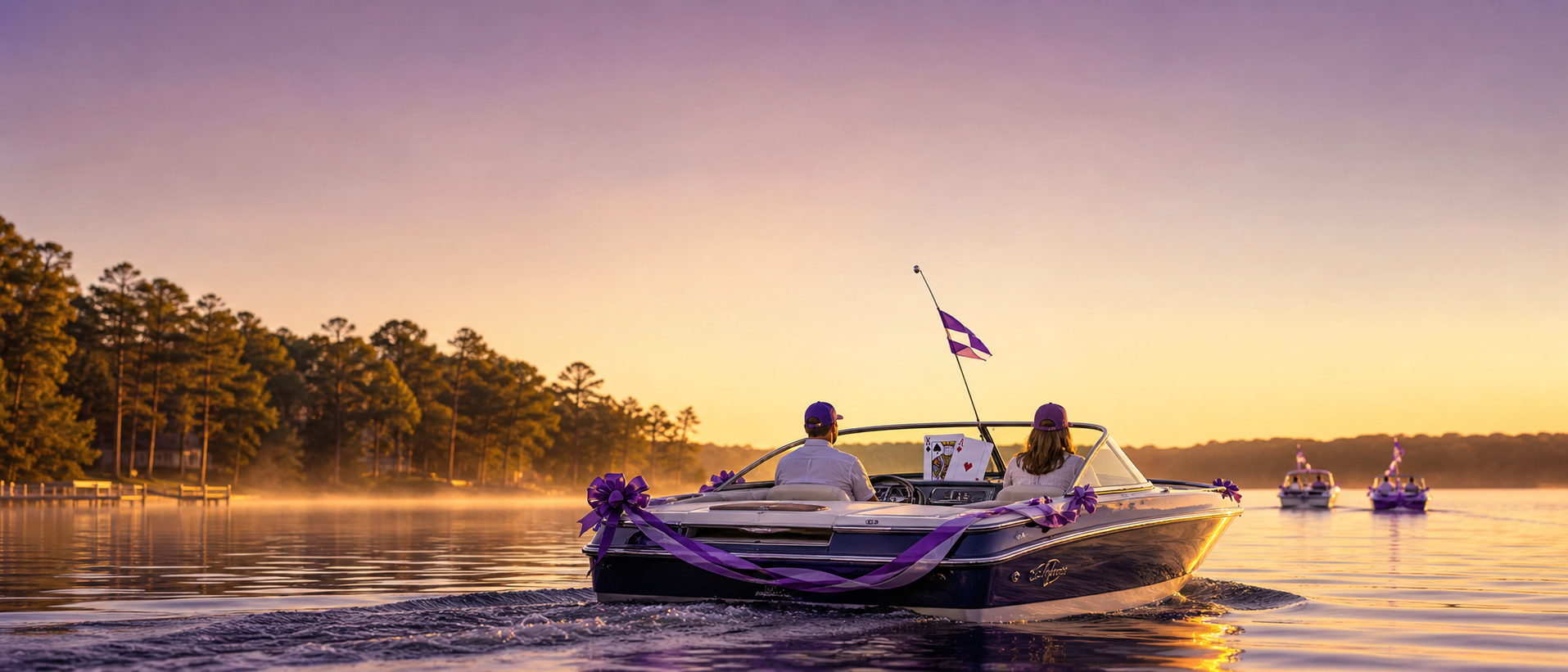 A purple-decorated speedboat with a King and Queen of Hearts mounted on the bow cruising Lake Murray at sunrise, with two more decorated boats trailing in the distance and mist rising off the water.