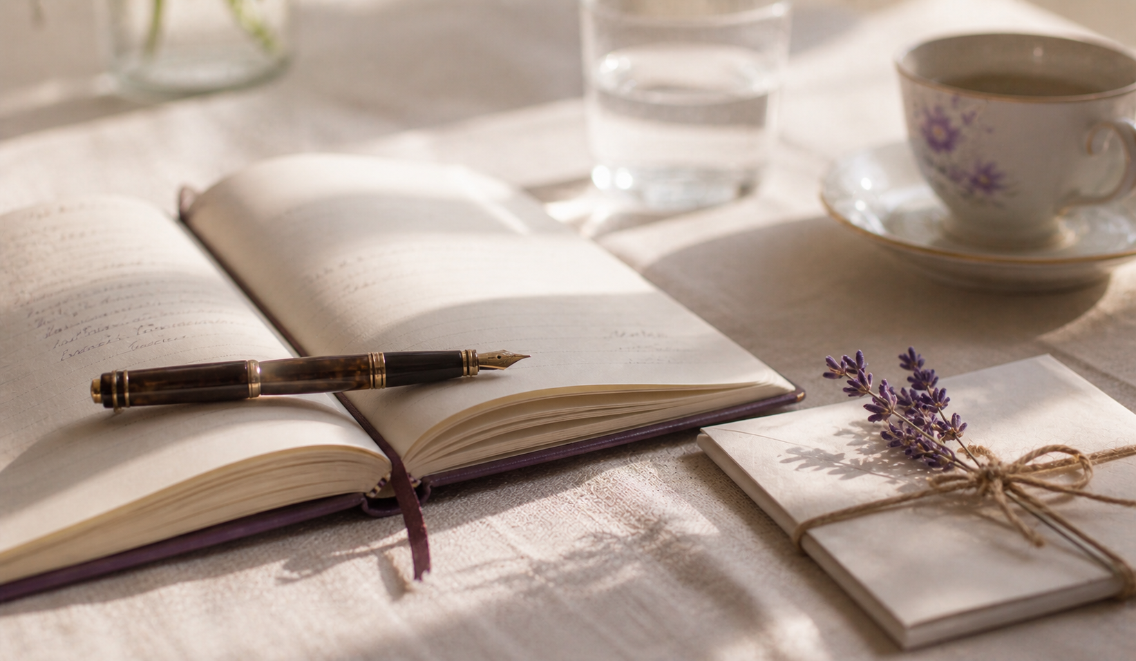 An open journal with a fountain pen, a small bundle of lavender tied with twine, and a teacup with purple flowers in soft window light — the conversation worth having.